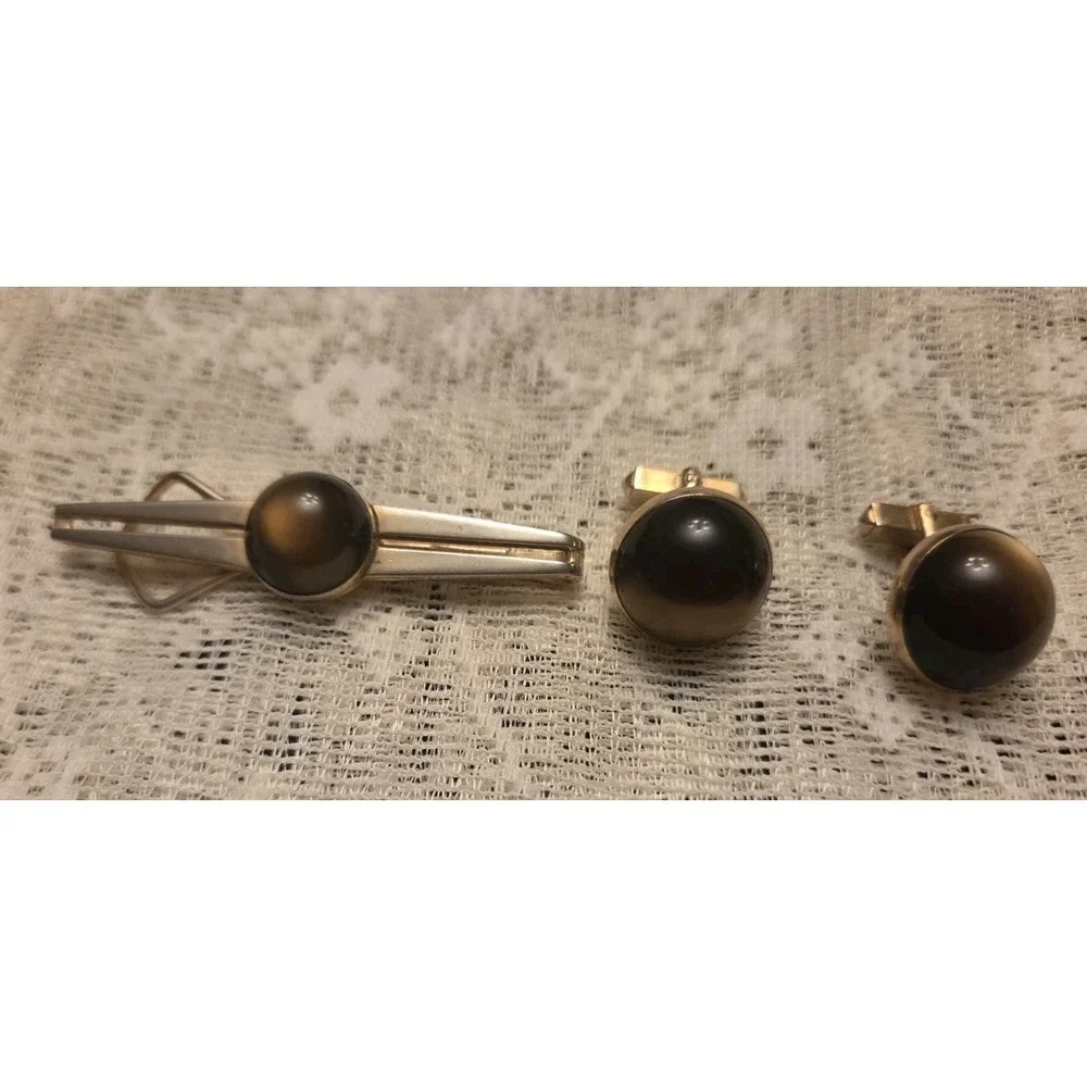 Swank Vintage Brown Cabochon Cufflinks Matching Tie Clip l
